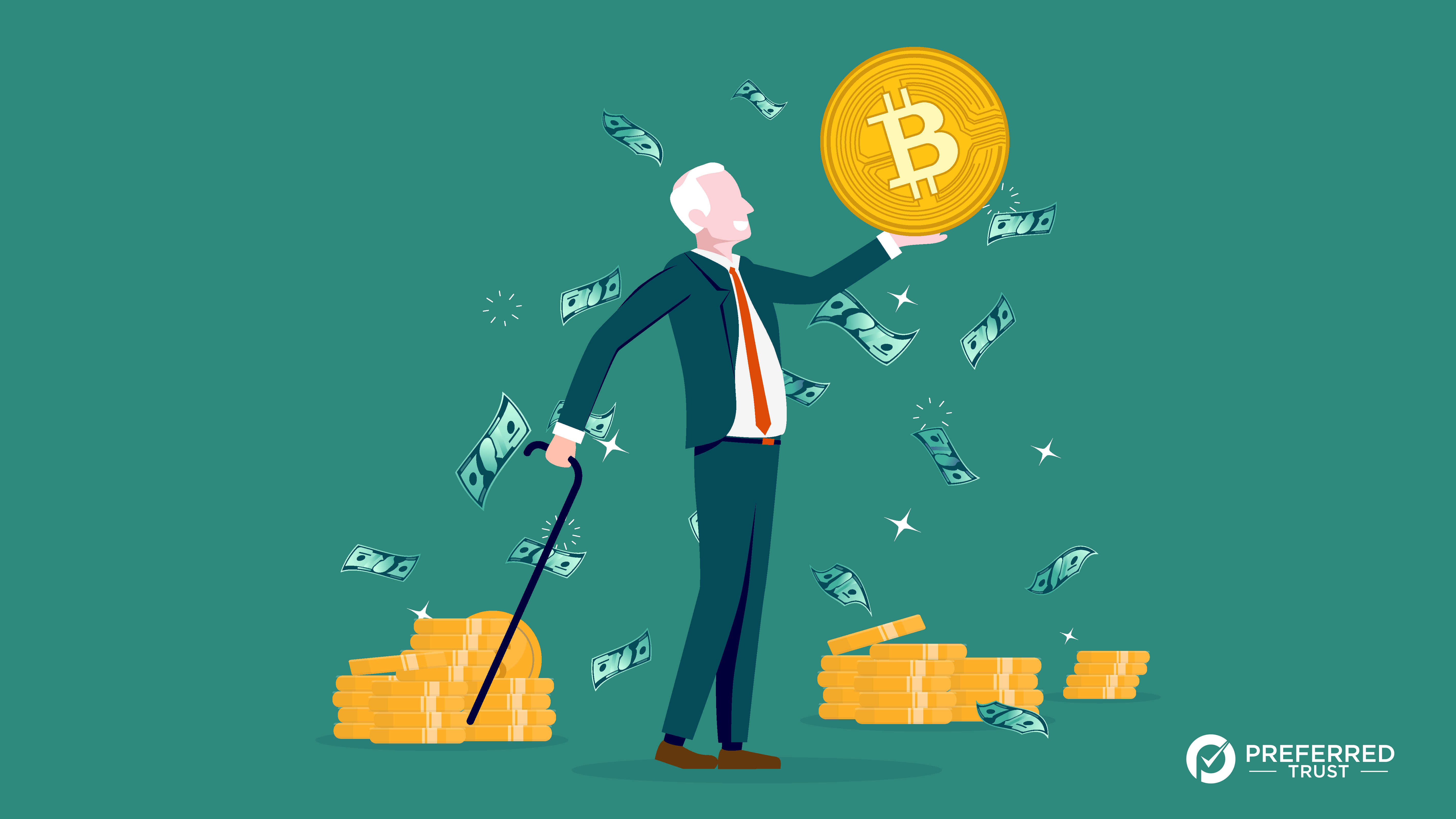 Older man holding crypto currency representing Crypto IRA accounts for retirement investing